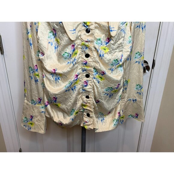GANNI Floral Ruched Crinkled Cream Satin Long Sleeve Shirt, Size 44 | 14 - Picture 5 of 12